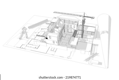 3d wireframe of building design concept, architects computer generated visualization in drawing style 