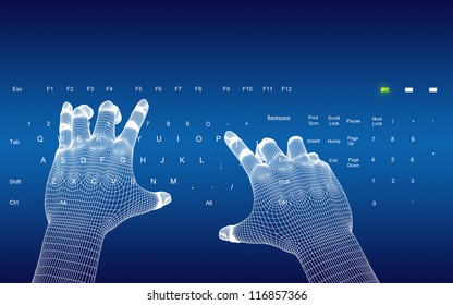 3d wire-frame hands typing on a blue keyboard - Powered by Shutterstock