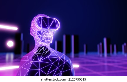 3D Wireframe Head Of A Man Wear VR Virtual Reality Headset With City Background. 3D Illustration Rendering