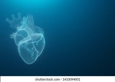 3D wireframe hearts render isolated white backgrounds, Abstract Heart icon form lines and triangles, point connecting network on blue background, 3d render