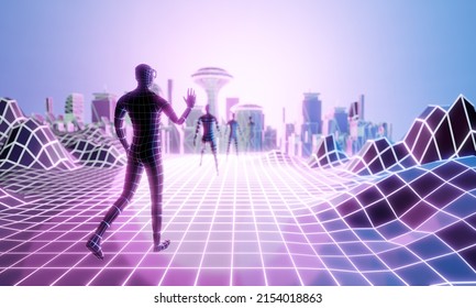 3D Wireframe Human Wear VR Virtual Reality Headset With City Background. 3D Illustration Rendering