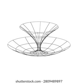 3D wireframe hyperboloid surface with symmetrical double-cone structure, abstract geometric illustration for mathematics, physics, and computer graphics visualization, y2k style