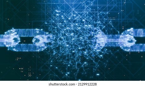 3d Wireframe Model Of A Broken Chain With Random Numbers, Abstract Tech Background, Concept Of Blockchain Hacking Or Cryptocurrency Drop In Value (3d Render)