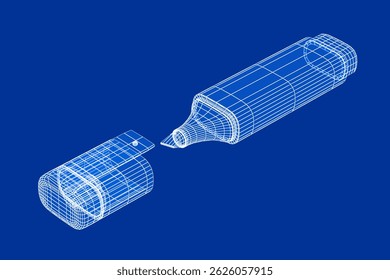 3D wire-frame model of an open highlighter. 3D illustration