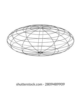 3D wireframe oblate spheroid with intersecting elliptical and circular lines, abstract geometric illustration for mathematics, physics, and geodesy visualization, y2k style