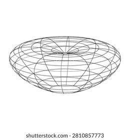 3D wireframe oblate spheroid with intersecting circular and elliptical lines, abstract geometric illustration for mathematics, physics, and computer graphics visualization