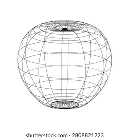3D wireframe oblate spheroid model with intersecting grid lines, abstract geometric illustration for mathematics, physics, and design projects