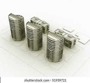 3d wireframe resindetial buildings render in sepia color