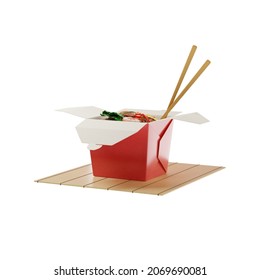 3d Wok noodles in red box and shrimps  bamboo mat  next to fortune cookies  front view white background  3d rendering