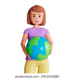 3d woman character holding earth globe in her hands front view. Environmental concept with 3d girl cartoon character holding planet earth globe - Powered by Shutterstock