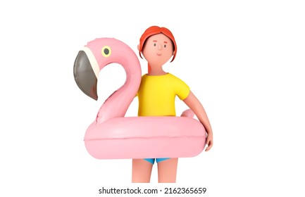 3D woman character wearing a pink inflatable flamingo pool float. Summer concept. 3D Rendering - Powered by Shutterstock