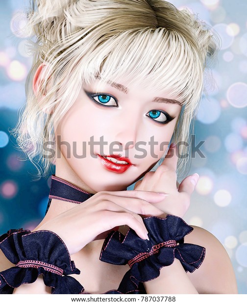 3d Woman Portrait Bright Makeup Blonde Stock Illustration 787037788