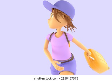 3D Woman tourist with suitcase running, late to airport. Worried teenage girl in cap with baggage on purple background. Character hurry to plane boarding. Traveler missing or transit flight. 3d render
