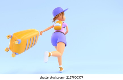 3D Woman Tourist With Suitcase Runs Fast In Hurry, Back View. Cartoon Illustration Of Girl Traveler Late For Flight To Airport. Passenger With Luggage Is Missing Plane. Summer Travel Concept 3d Render