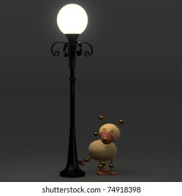 3d Wood Dog Is Pissing On The Lamppost