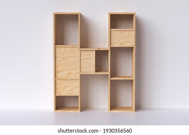 3D Wood Letter “H” Made Of Pine Plywood Planks. Shelving Design Style Nice To Display Books, Decorative Items Or Products For Sale. 3D Rendering.