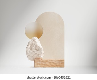 3D wood podium display white background  Pastel beige Art deco arch  Cosmetic  beauty product promotion wooden  rock pedestal   Natural stone   glass showcase  Abstract minimal studio 3D render