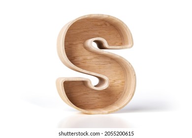 3D Wooden Alphabet Letter S Made Of Pine Plywood Planks. Shelving Design Style Is Ideal As A Decorative Template . High Detailed 3D Rendering.