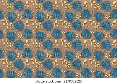 3D Wooden Background With Blue Flower Flex Wallpaper