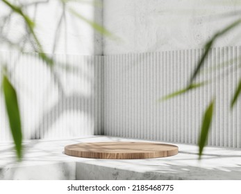 3d wooden display podium on concrete bench against white wall with plant foreground. 3d rendering of realistic presentation for product advertising. 3d interior illustration.