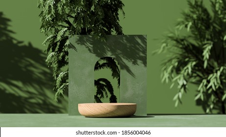 3D  wooden podium display with leaf shadow. Copy space green background. Cosmetics or beauty product promotion mockup.  Natural wood step pedestal. Trendy minimalist, art deco  3D render illustration.