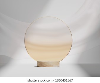 3D wooden podium display on white background. Round beige frosted glass rim frame. Cosmetics, beauty product promotion wood pedestal.  Natural showcase with curtain. Abstract minimal studio 3D render
