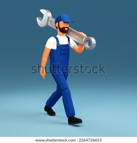3d worker carries large spanner on his shoulder. Cartoon handyman with spanner. 3d illustration