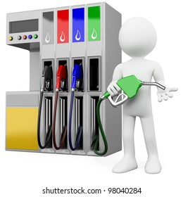 3D Worker At A Gas Station With A Petrol Pump. Rendered At High Resolution On A White Background With Diffuse Shadows.