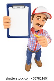 3d working people. Worker with blank clipboard and a pencil. Isolated white background.