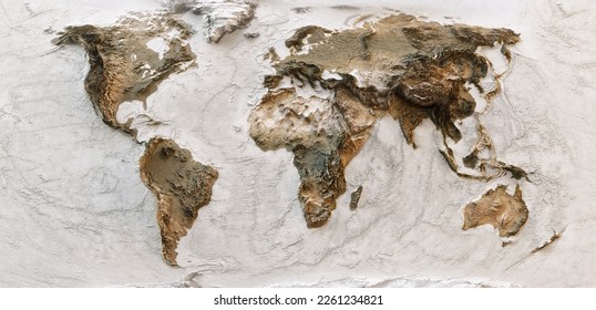 3D World map of the Earth with exaggerated topographic relief. Detailed global world physical map. Panoramic planet map with three dimensional continents surface and ocean texture. Geography template - Powered by Shutterstock