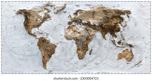 3D World map of the Earth with exaggerated topographic relief and countries names and boundaries. High detailed global world physical map. Planet map with continents, countries borders, water objects - Powered by Shutterstock