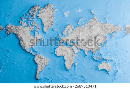 3D World map of the Earth exaggerated topographic relief detailed global world two colors map. Panoramic planet map with three dimensional continents surface and ocean texture