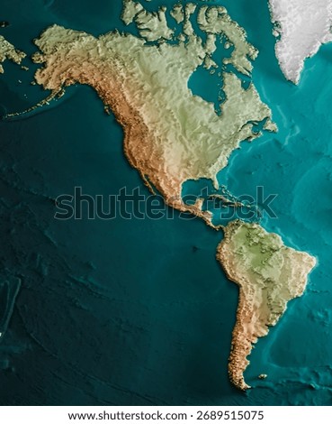 3D World map of the Earth exaggerated topographic relief detailed american continent map. Panoramic planet map with three dimensional continents surface and ocean texture