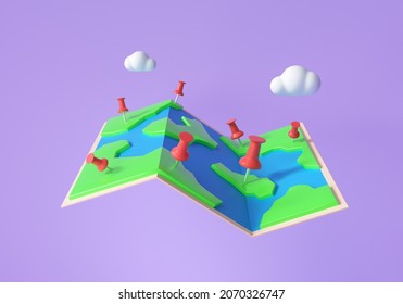 3D World Map Icon With Pins. Travel Concept. GPS Navigator Pin Checking Points. 3d Render Illustration