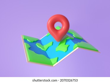 3D World Map Icon With Pins. Travel Concept. GPS Navigator Pin Checking Points. 3d Render Illustration