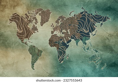 3d world map wallaper. wavy lines in light green and blue background. wall decoration