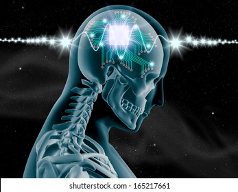 3D X-ray Of Human Brain With Computer Chip And Circuit On Star And Galaxy Background