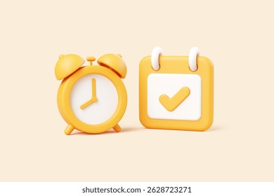 3D yellow alarm clock and calendar with check mark on soft beige background, symbolizing schedule and planning
