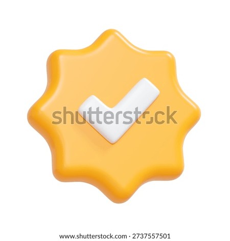 A 3D yellow badge featuring a smooth white checkmark, symbolizing approval, verification, confirmation, achievement, and validated status in a clean modern style