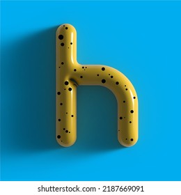 3d Yellow Bubble Plastic Letter H . Glossy Yellow Alphabet Letter H Lowercase. 3d Render Realistic Yellow Plastic Bubble On Blue Background Letter H