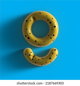 3d Yellow Bubble Plastic Letter G . Glossy Yellow Alphabet Letter G Lowercase. 3d Render Realistic Yellow Plastic Bubble On Blue Background Letter G