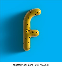 3d Yellow Bubble Plastic Letter F . Glossy Yellow Alphabet Letter F Lowercase. 3d Render Realistic Yellow Plastic Bubble On Blue Background Letter F