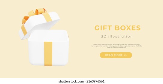 3d Yellow Gift Boxes Open And Closed Set With Pastel Ribbon Bow Isolated On A Yellow Background. 3d Render Flying Modern Holiday Surprise Box. 3d Rendering