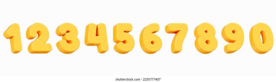 3D Yellow numbers from 0 to 9. Set volume number for poster and banner. Golden text for party, birthday and sale promotion. Cartoon creative design icon isolated on white background. 3D Rendering - Powered by Shutterstock