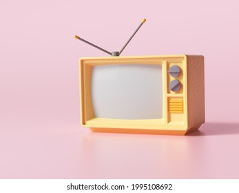 3D Yellow Retro Old Television On Pink Background, Vintage Analog TV With Copy Space. 3d Render Illustration.