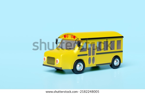 3d yellow school bus cartoon sign icon,\
vehicle for transporting students isolated on blue background. back\
to school, 3d render\
illustration