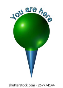 A 3D You Are Here Pin Style Icon With Green Sphere And Blue Point