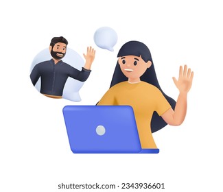 3D Young happy lady sitting at table, using laptop, having a video call, receiving message. Working online, remote work, internet browsing concept. 3D Cartoon style character. 3D illustration - Powered by Shutterstock