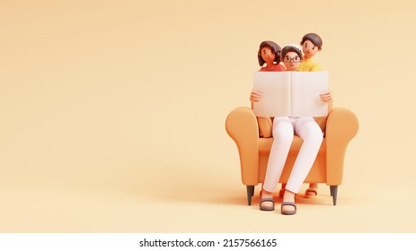 3D Young Man Reading Book Or Newspaper At Sofa With His Son, Daughter And Copy Space On Peach Background. - Powered by Shutterstock