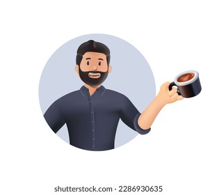 3D Young smiling man cartoon character barista holding huge coffee beans in cup illustration. Coffee drink, Freshness, aroma, caffeine boost, morning routine, and relaxation concept. 3D - Powered by Shutterstock